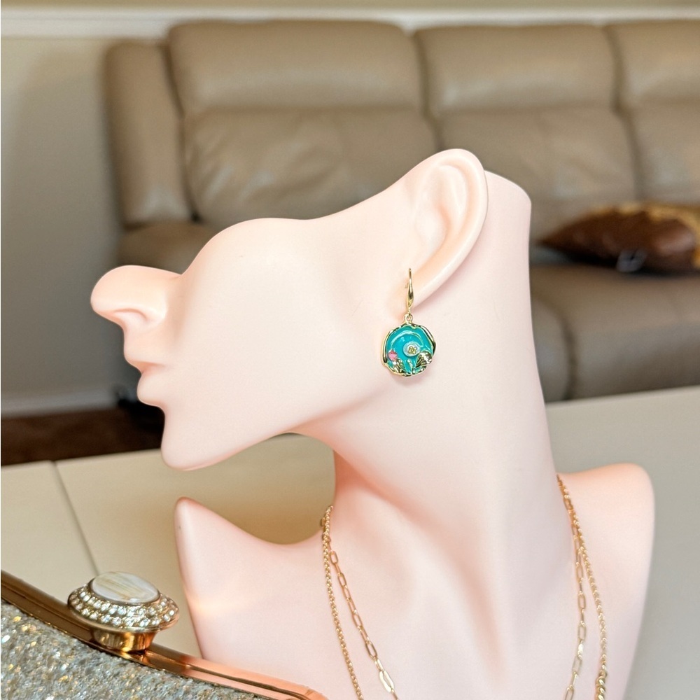 Elegant Gold and Blue Floral Earrings - Picture 3 of 10